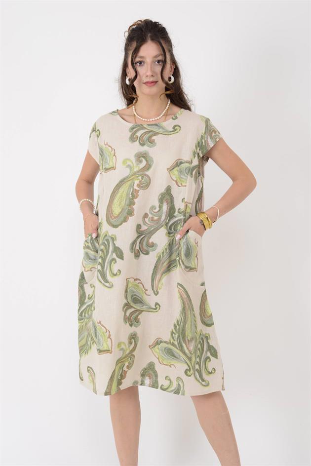 3867 ŞAL DESEN KISA KETEN ELBİSE