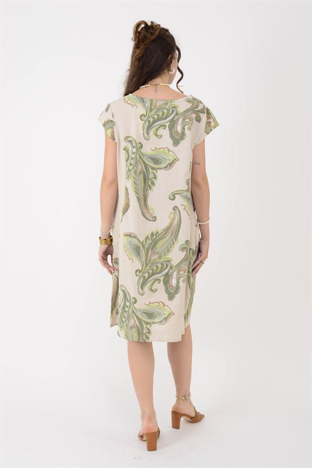 3867 ŞAL DESEN KISA KETEN ELBİSE