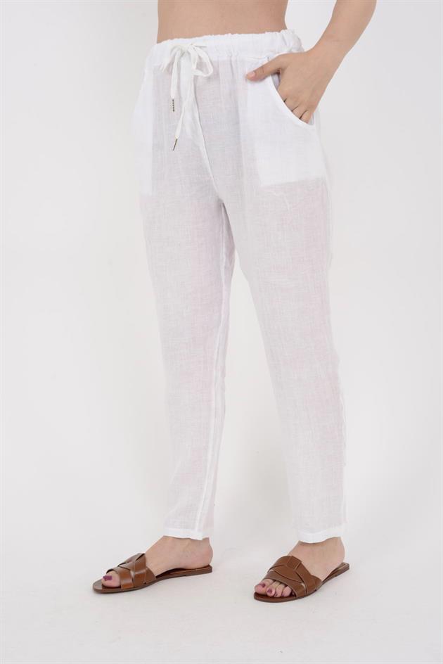 3928 BELDEN BAĞLAMALI KETEN PANTOLON