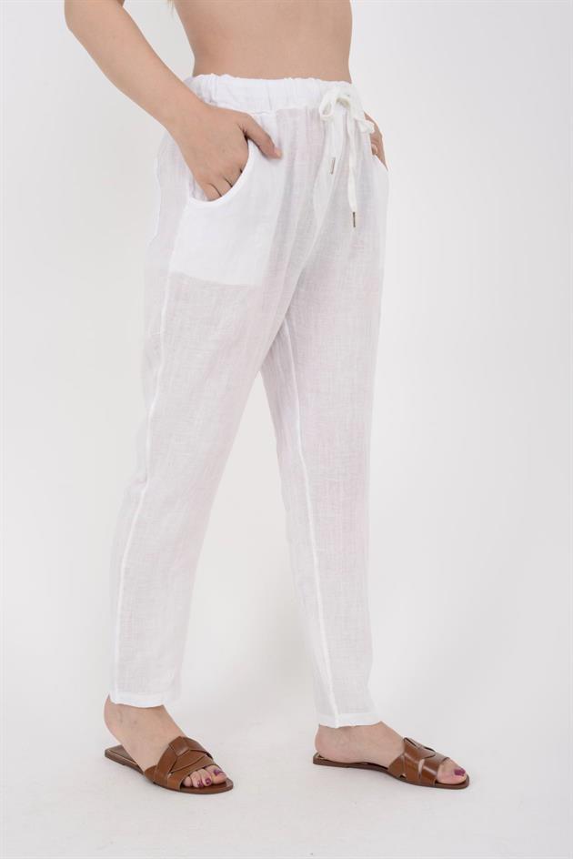 3928 BELDEN BAĞLAMALI KETEN PANTOLON