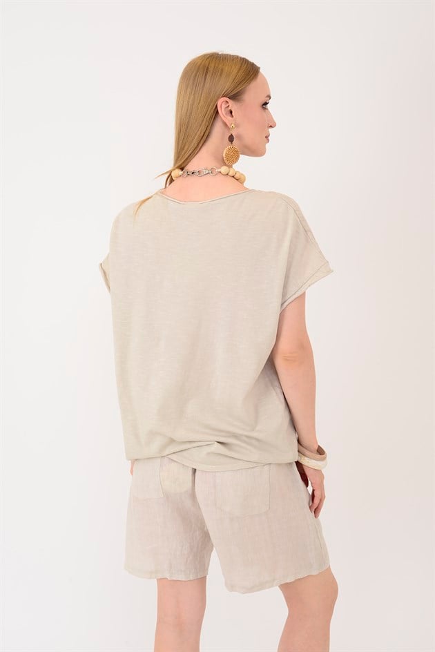 42277 APLİKE NAKIŞ DETAYLI KETEN TSHIRT BLUZ