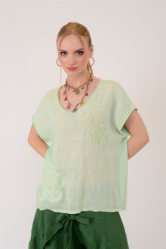 42277 APLİKE NAKIŞ DETAYLI KETEN TSHIRT BLUZ