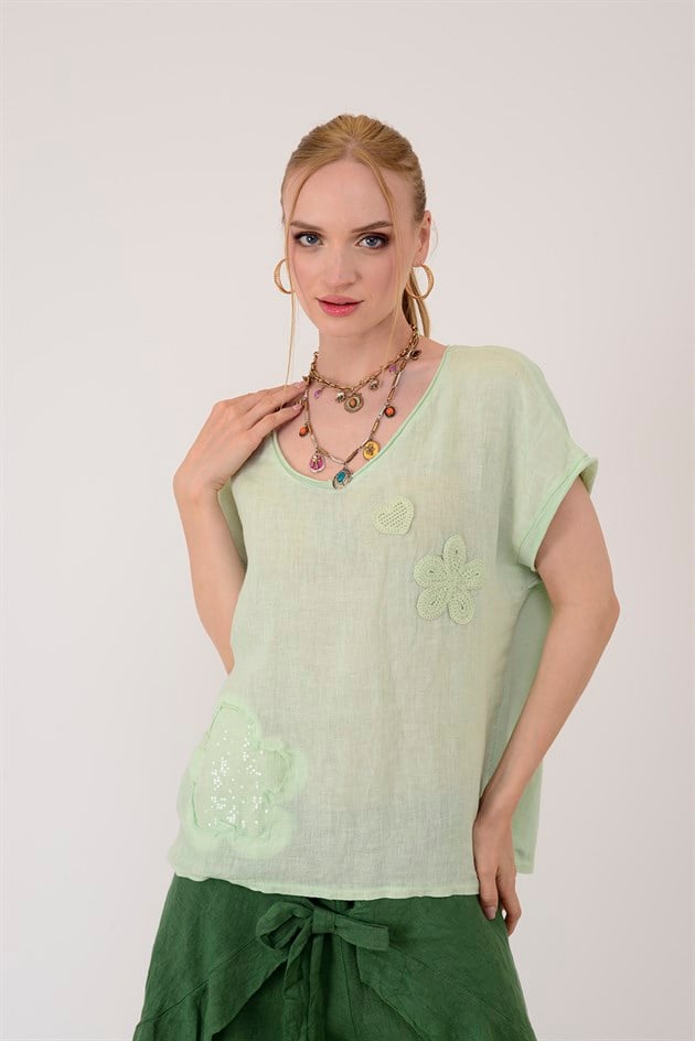 42277 APLİKE NAKIŞ DETAYLI KETEN TSHIRT BLUZ