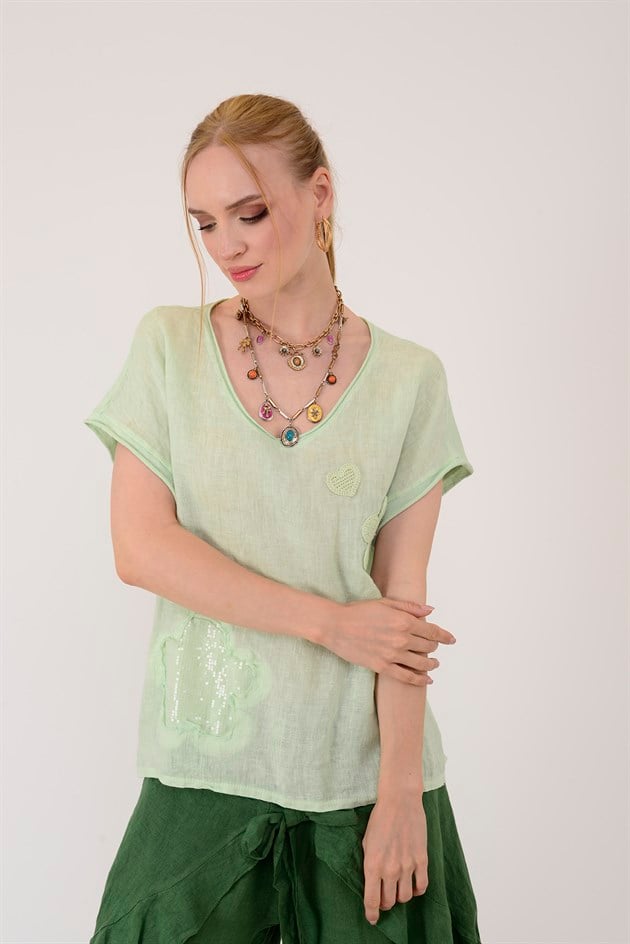 42277 APLİKE NAKIŞ DETAYLI KETEN TSHIRT BLUZ