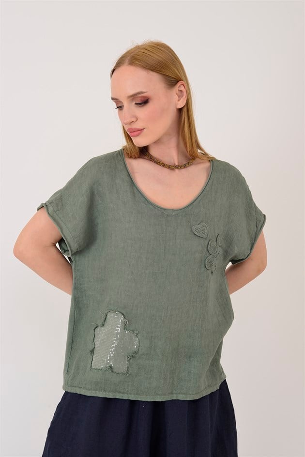 42277 APLİKE NAKIŞ DETAYLI KETEN TSHIRT BLUZ