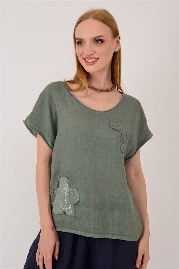 42277 APLİKE NAKIŞ DETAYLI KETEN TSHIRT BLUZ