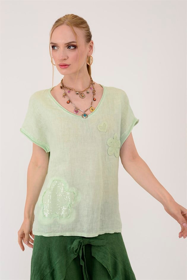 42277 APLİKE NAKIŞ DETAYLI KETEN TSHIRT BLUZ