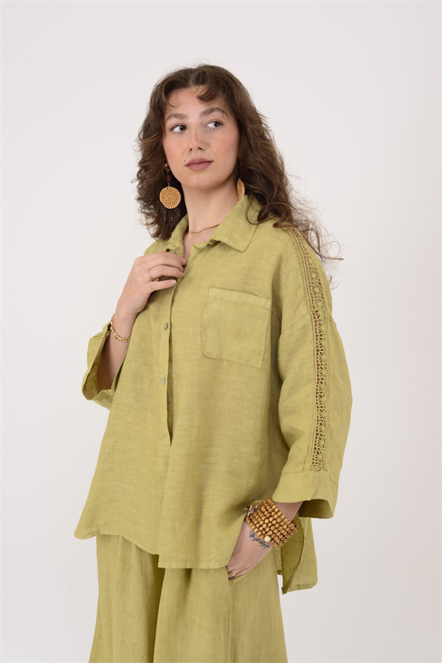 4451 OMUZU AJUR DETAYLI KETEN GÖMLEK