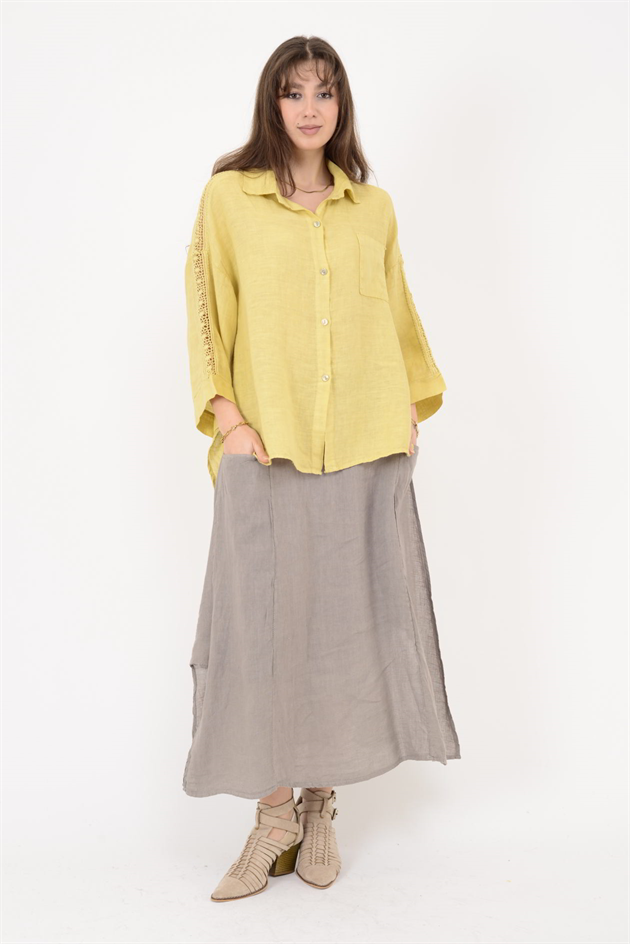 4451 OMUZLARI FİSTO DETAYLI KETEN GÖMLEK