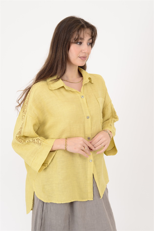 4451 OMUZLARI FİSTO DETAYLI KETEN GÖMLEK