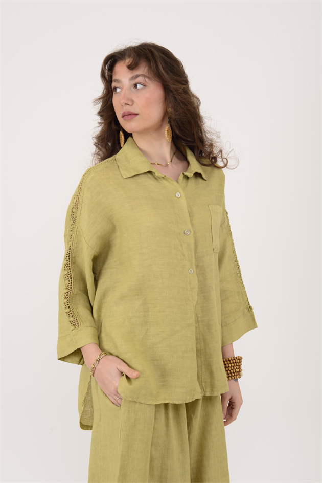 4451 OMUZU AJUR DETAYLI KETEN GÖMLEK