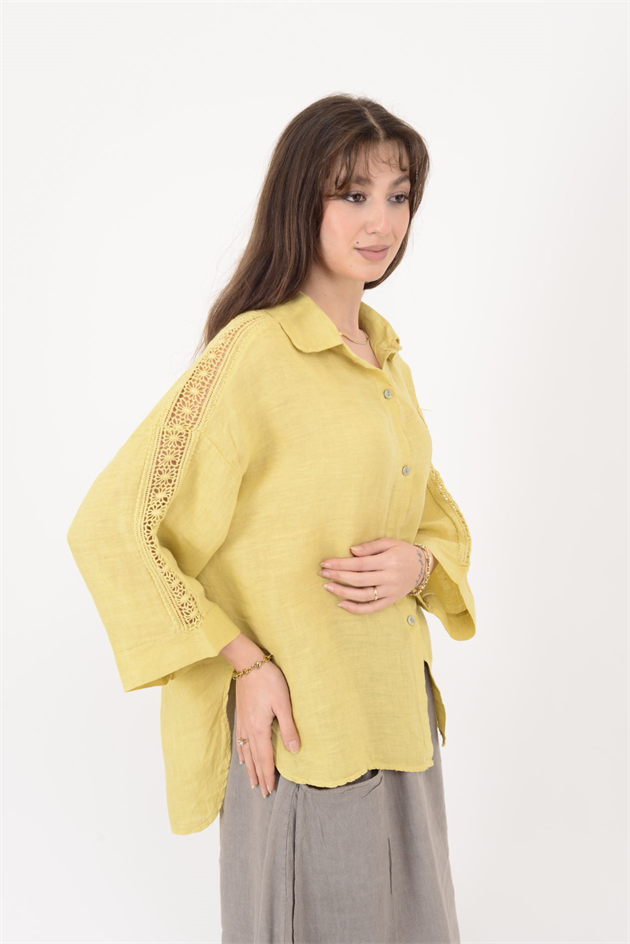 4451 OMUZLARI FİSTO DETAYLI KETEN GÖMLEK