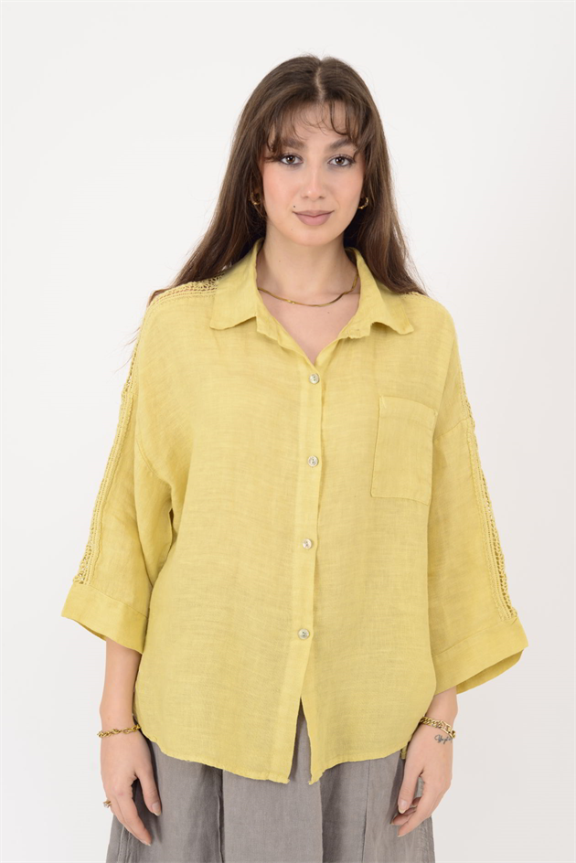 4451 OMUZLARI FİSTO DETAYLI KETEN GÖMLEK