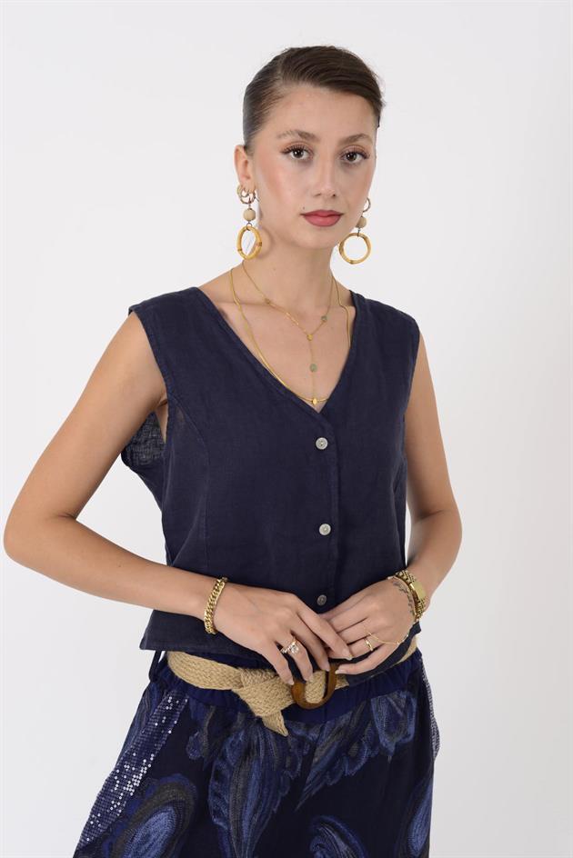 4523 V YAKA KOLSUZ KETEN YELEK BLUZ