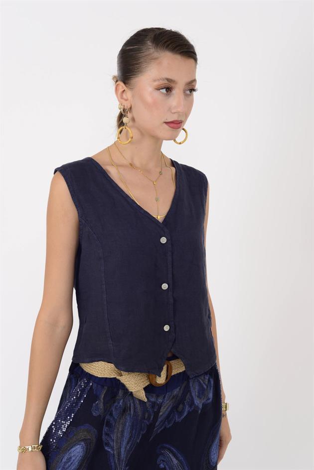 4523 V YAKA KOLSUZ KETEN YELEK BLUZ