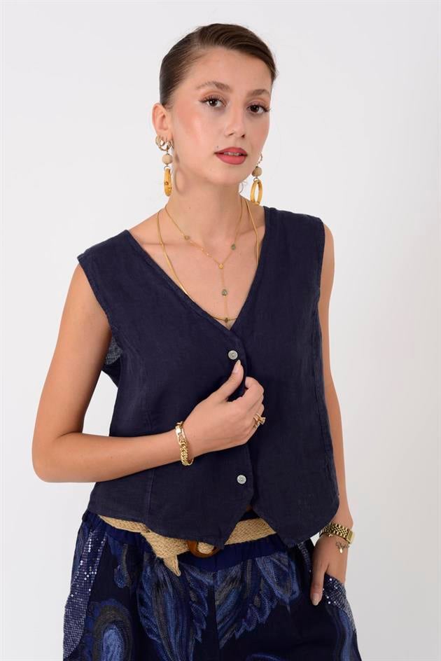 4523 V YAKA KOLSUZ KETEN YELEK BLUZ