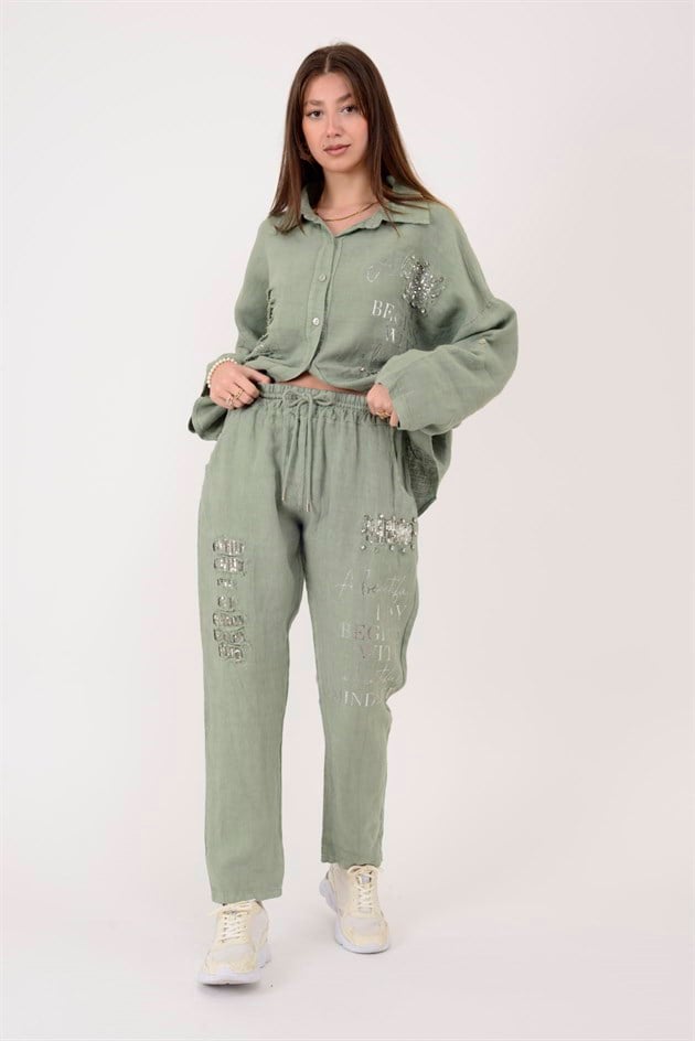 45380 PAYET DETAYLI BONCUK İŞLEMELİ KETEN PANTOLON