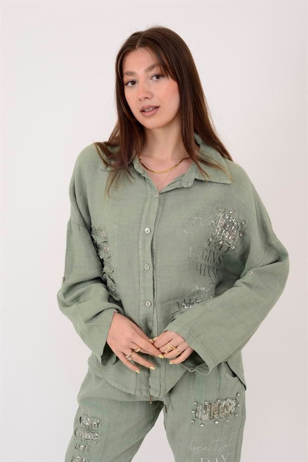 45400 PAYET DETAYLI BONCUK İŞLEMELİ KETEN GÖMLEK