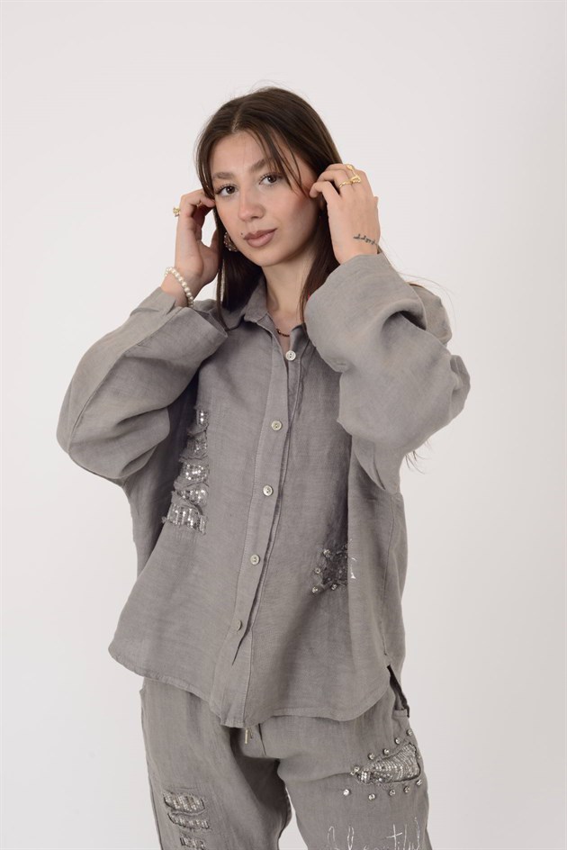 45400 PAYET DETAYLI BONCUK İŞLEMELİ KETEN GÖMLEK