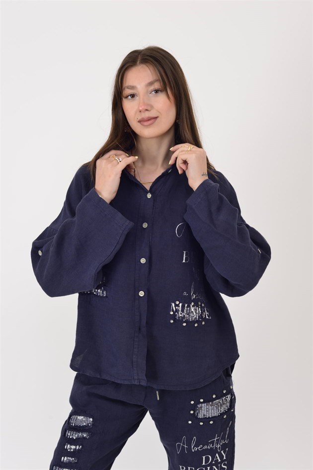 45400 PAYET DETAYLI BONCUK İŞLEMELİ KETEN GÖMLEK