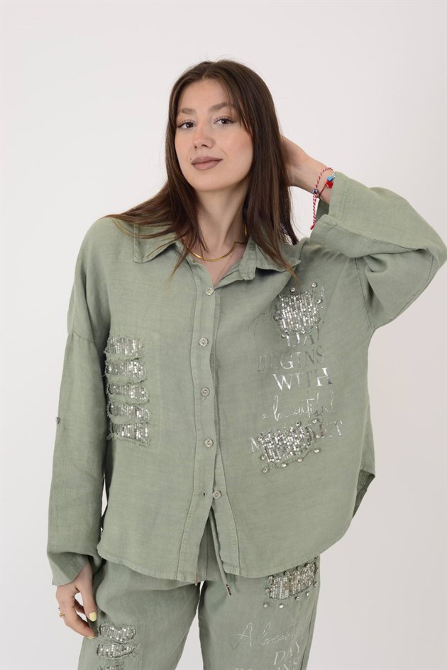 45400 PAYET DETAYLI BONCUK İŞLEMELİ KETEN GÖMLEK