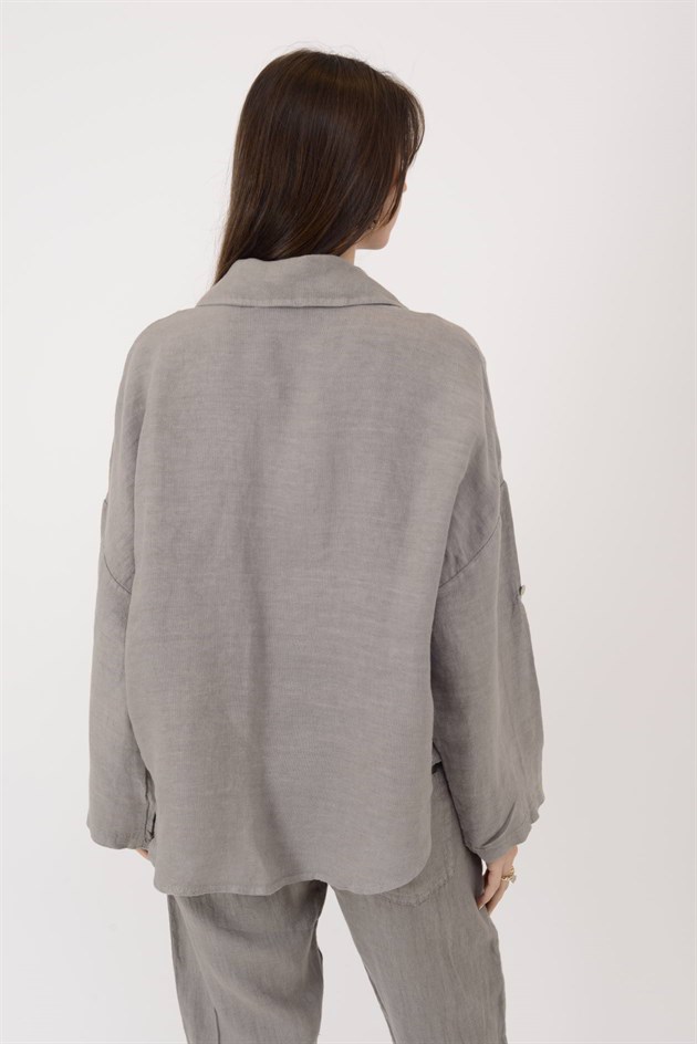 45400 PAYET DETAYLI BONCUK İŞLEMELİ KETEN GÖMLEK