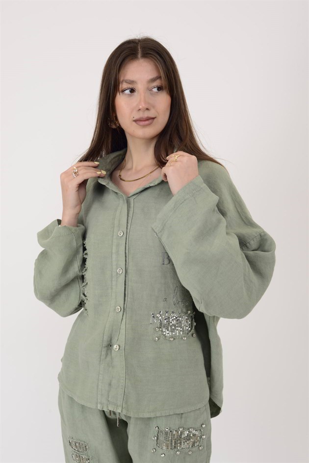 45400 PAYET DETAYLI BONCUK İŞLEMELİ KETEN GÖMLEK