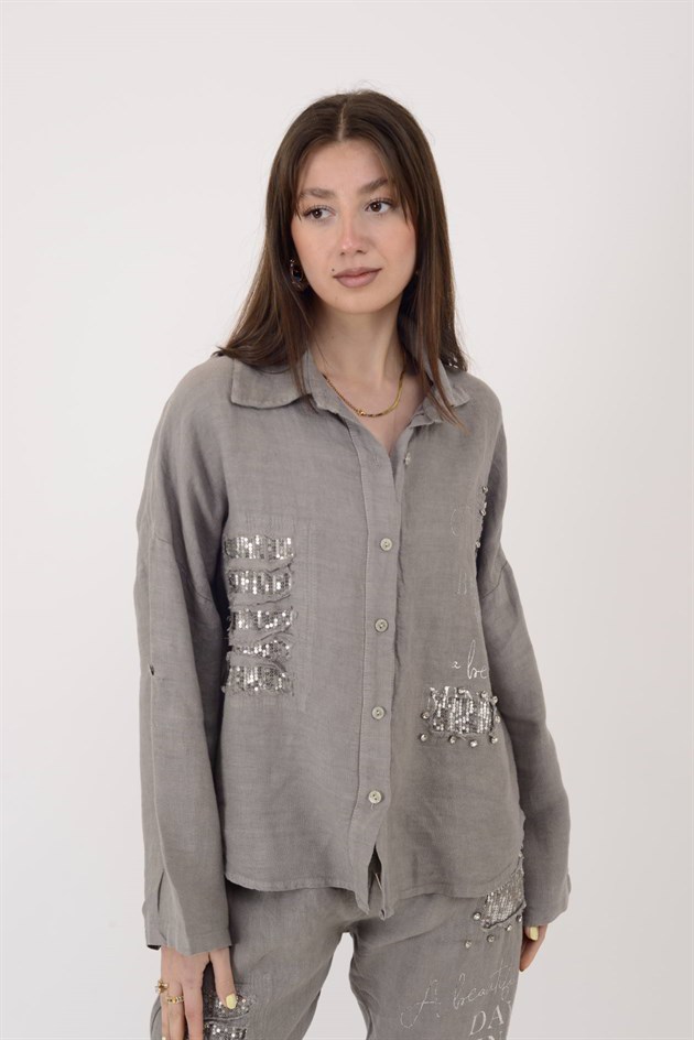 45400 PAYET DETAYLI BONCUK İŞLEMELİ KETEN GÖMLEK