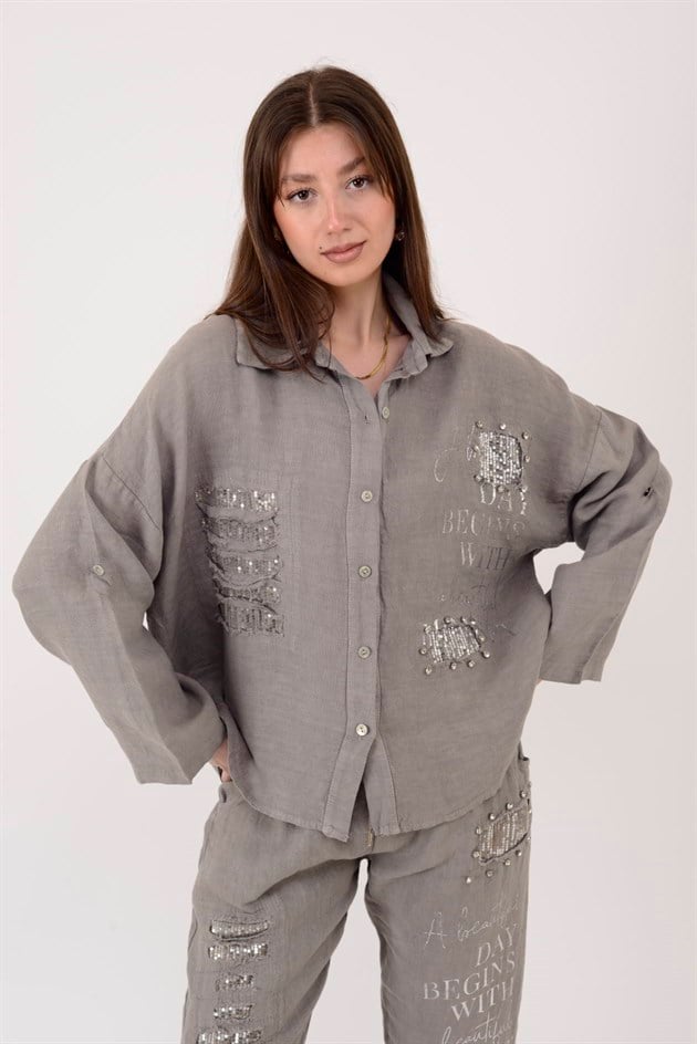 45400 PAYET DETAYLI BONCUK İŞLEMELİ KETEN GÖMLEK