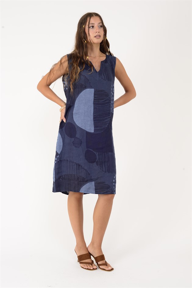 4617 PATCHWORK BENEKLİ KOLSUZ KISA KETEN ELBİSE