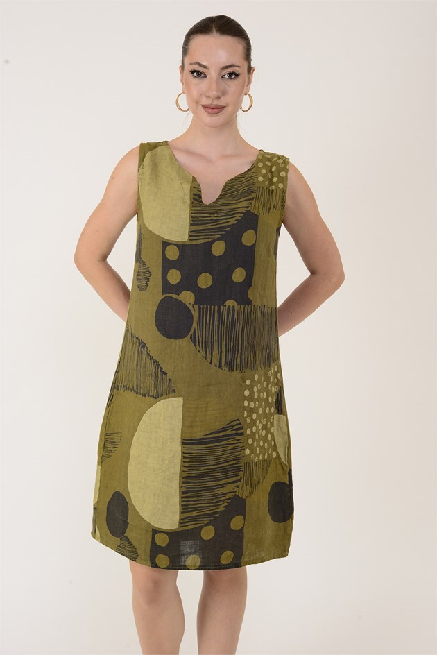 4617 PATCHWORK BENEKLİ KOLSUZ KISA KETEN ELBİSE