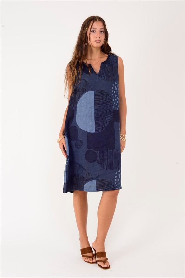4617 PATCHWORK BENEKLİ KOLSUZ KISA KETEN ELBİSE