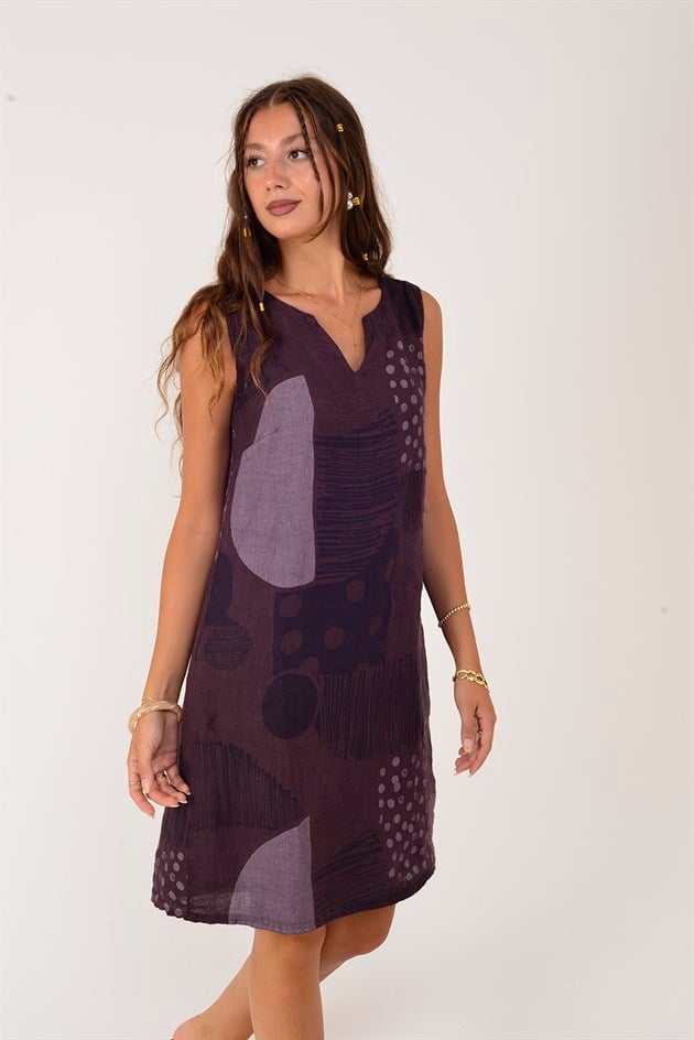 4617 PATCHWORK BENEKLİ KOLSUZ KISA KETEN ELBİSE