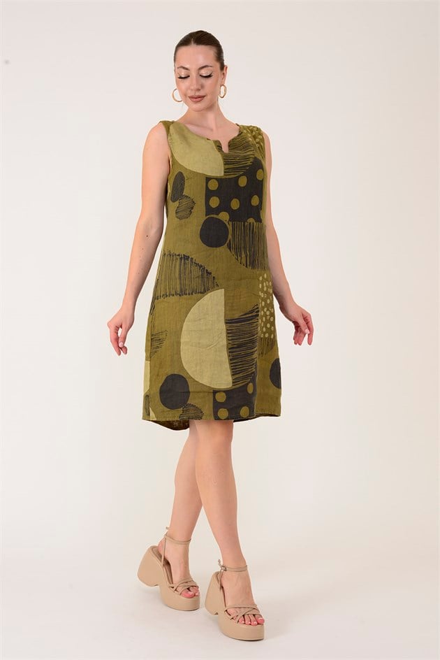4617 PATCHWORK BENEKLİ KOLSUZ KISA KETEN ELBİSE