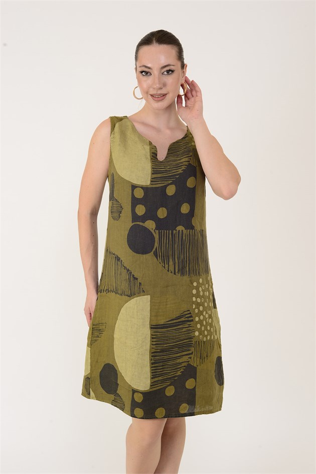 4617 PATCHWORK BENEKLİ KOLSUZ KISA KETEN ELBİSE