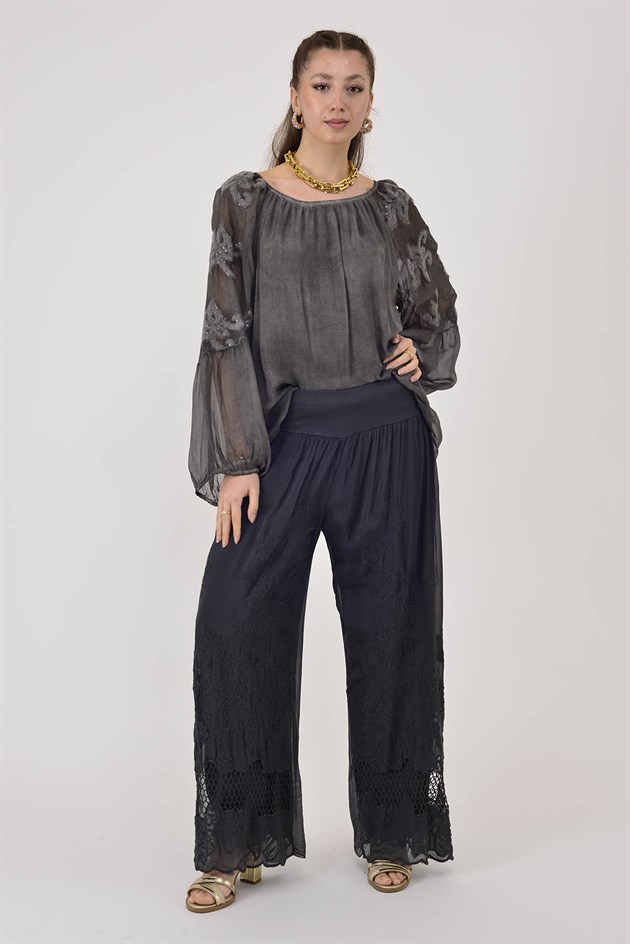 5004 WES FİLE DETAYLI İPEK PANTOLON