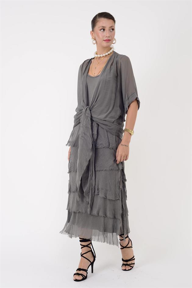 5015I KRUVAZE BOLERO DETAYLI KAT KAT İPEK ELBİSE