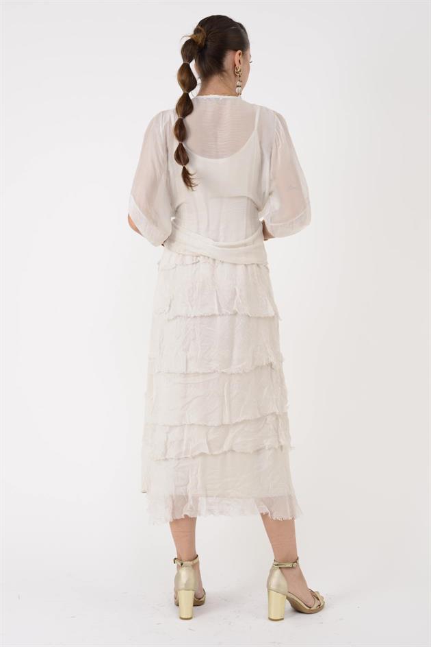 5015I KRUVAZE BOLERO DETAYLI KAT KAT İPEK ELBİSE