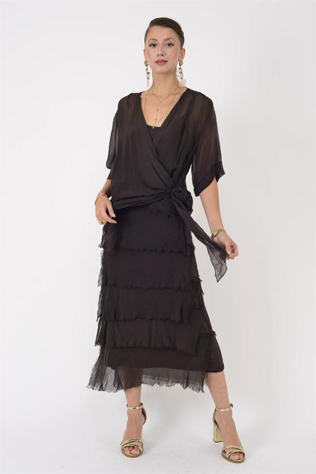 5015I KRUVAZE BOLERO DETAYLI KAT KAT İPEK ELBİSE