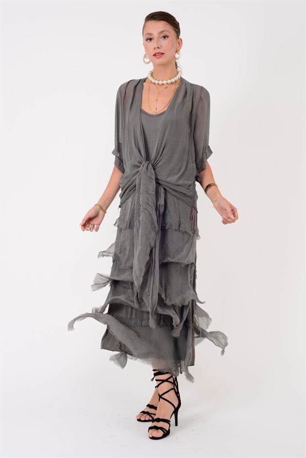 5015I KRUVAZE BOLERO DETAYLI KAT KAT İPEK ELBİSE