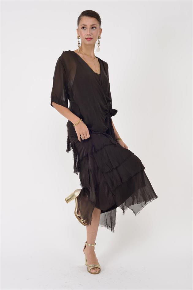 5015I KRUVAZE BOLERO DETAYLI KAT KAT İPEK ELBİSE