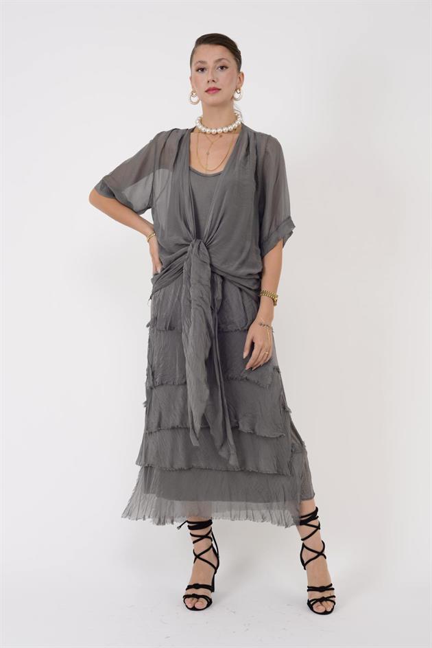 5015I KRUVAZE BOLERO DETAYLI KAT KAT İPEK ELBİSE