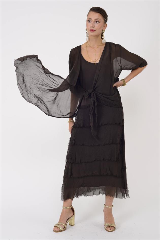 5015I KRUVAZE BOLERO DETAYLI KAT KAT İPEK ELBİSE