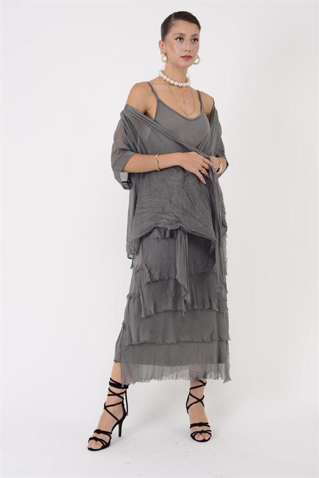 5015I KRUVAZE BOLERO DETAYLI KAT KAT İPEK ELBİSE