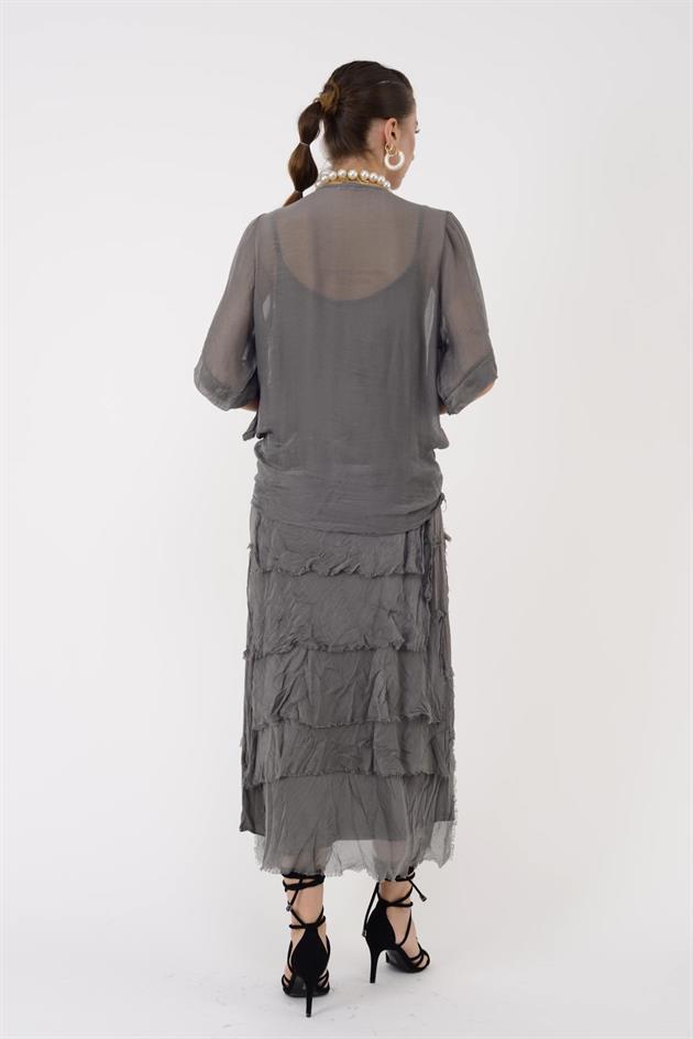 5015I KRUVAZE BOLERO DETAYLI KAT KAT İPEK ELBİSE