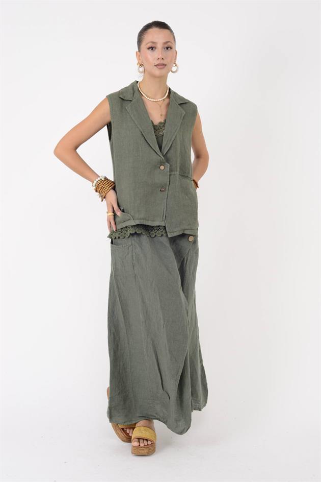 5157 ASİMETRİK KESİM DÜĞME DETAYLI KETEN YELEK BLUZ