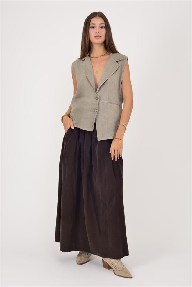 5157 ASİMETRİK KESİM DÜĞME DETAYLI KETEN YELEK BLUZ