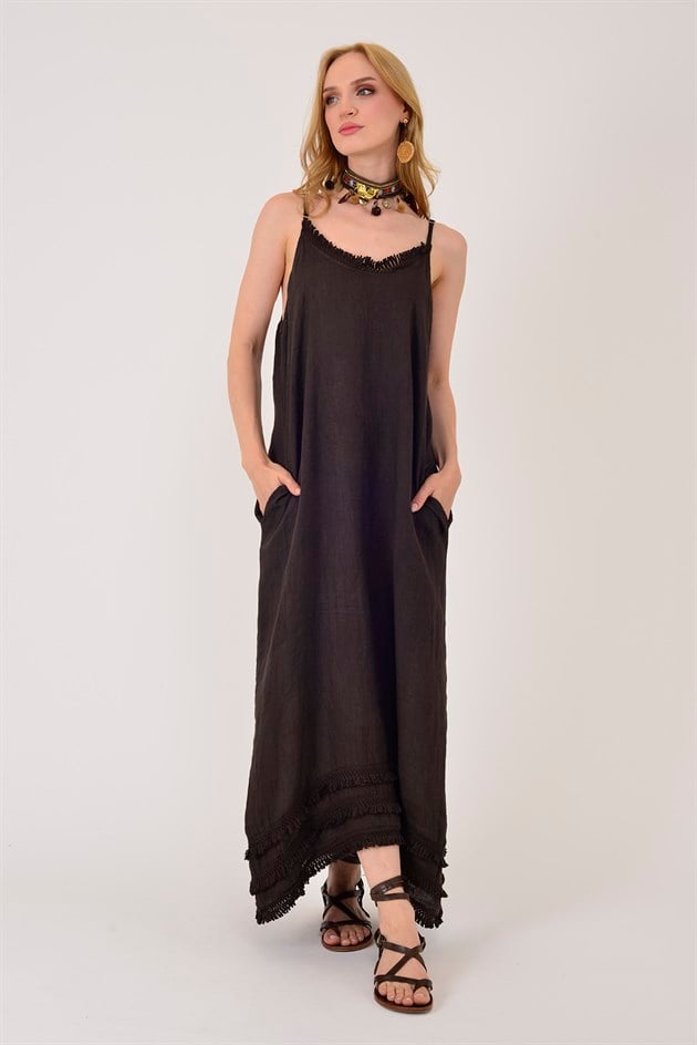 52326 SAÇAK DETAYLI ASKILI KETEN ELBİSE