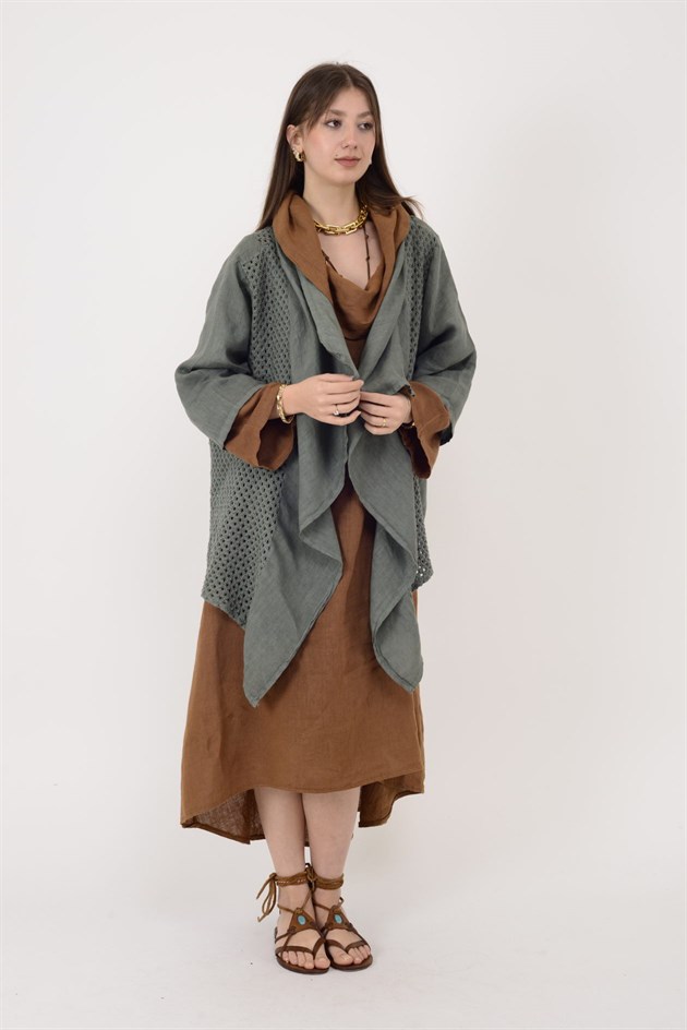 5283 AJURLU ASİMETRİK KETEN CEKET