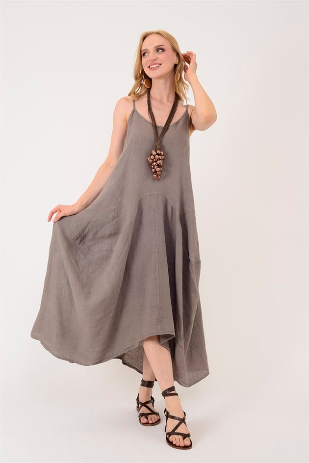 52889 ŞALVAR GÖRÜNÜMLÜ ASKILI KETEN ELBİSE